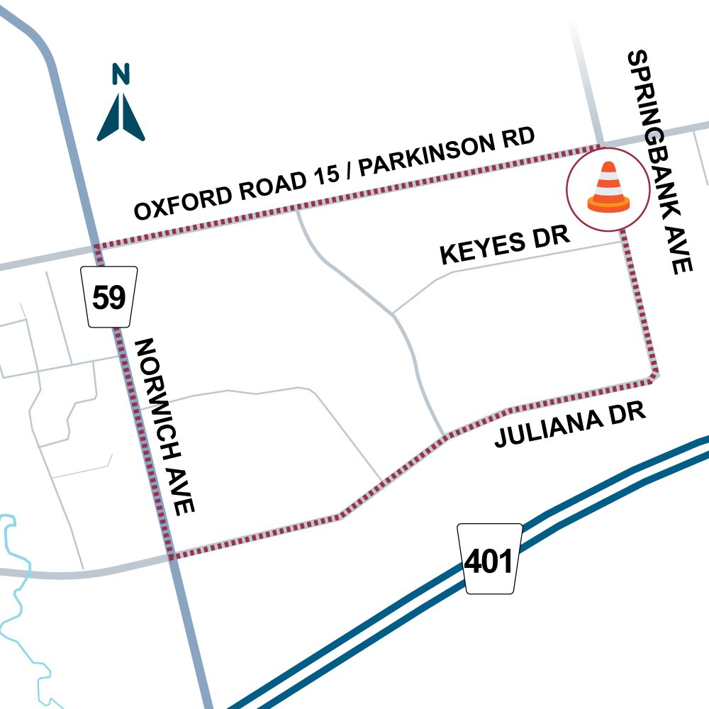 Oxford Road 15 and Springbank Avenue intersection improvements - detour map